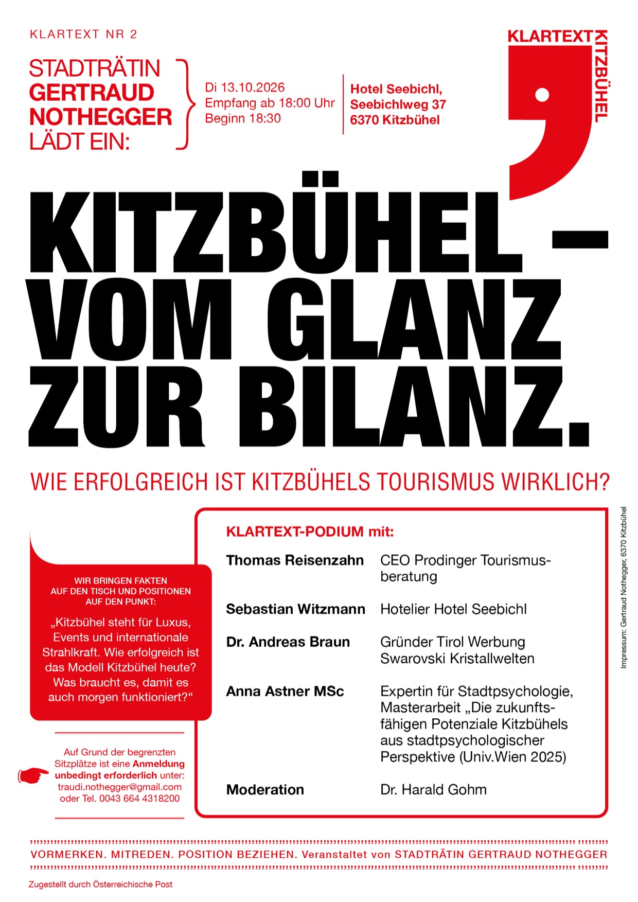 Flyer: Kitzbühel — vom Glanz zur Bilanz. KLARTEXT-Podium am 13. Oktober 2026 im Hotel Seebichl, Kitzbühel.